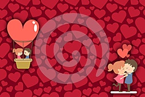 Happy Valentine`s day border. Romantic drawn couple kissing and making flight with heart air baloon. Hearts on background. Copy