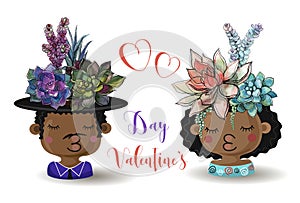 Happy Valentine`s day. Boy and girl with flowers succulents. Watercolor. Vector.