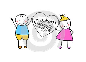 Happy Valentine`s Day. Boy and girl with heart.