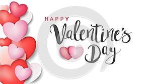 Happy Valentine`s day calligraphic Inscription decorated with red heart and pink background. illustration. brochure, flyer, photo