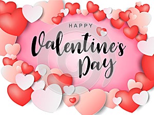 Happy Valentine`s day calligraphic Inscription decorated with red heart and pink background. vector illustration. brochure, flyer,
