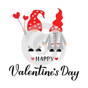 Happy Valentine s Day calligraphy hand lettering with couple of cute gnomes. Vector template for Valentines card, flyer, banner,