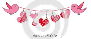 Happy Valentine's Day card with birds hanging doodle heart vector background