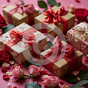 Happy Valentine's Day card. a bouquet of tea roses, a red heart, gift boxes in craft paper with beautiful ribbons