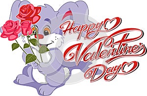 Happy Valentine`s Day Card - Bunny With A Bouquet Of Roses And Inscription On White Background