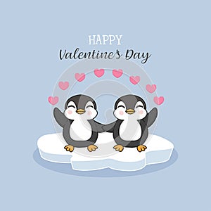 Happy Valentine`s day card with couple penguins.