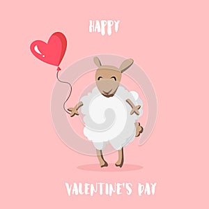 Happy Valentine`s day card. Cute sheep with balloon in the shape of a heart. Flat style.
