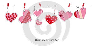 Happy Valentine`s Day card with doodle hanging retro love Valentines hearts