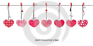 Happy Valentine`s Day card with doodle hanging retro love Valentines hearts