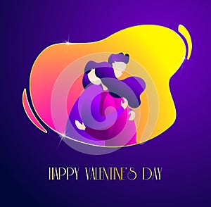 Happy Valentine`s Day card with a guy hugging a girl. Romantic illustration in trendy flat style