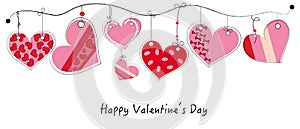 Happy Valentine's Day card with hanging doodle heart vector background