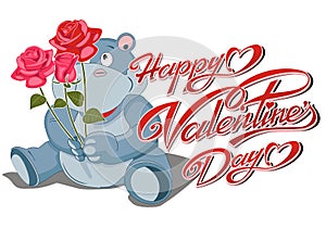 Happy Valentine`s Day Card - The Hippopotamus With A Bouquet Of Roses And Inscription On White background