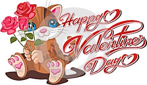 Happy Valentine`s Day Card - Kitten With A Bouquet Of Roses And Inscription On White Background