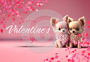 Happy ValentineÃ¢â¬â¢s Day card. Puppys in love on pink background. Two cute dogs close to eachother in cartoon style. Generative Ai