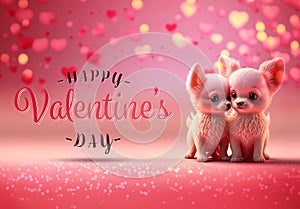 Happy ValentineÃ¢â¬â¢s Day card. Puppys in love on pink background. Two cute dogs close to eachother in cartoon style. Generative Ai