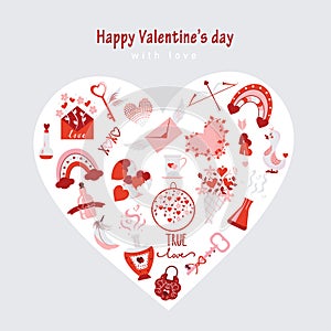 Happy Valentine's day card. Set of symbols in heart shape on grey background. Valentines day flat icons in pink and