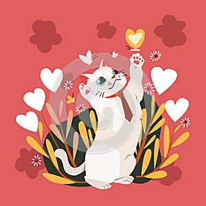 Happy Valentine`s Day with cat catching butterfly on blossom