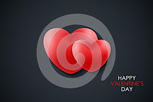 Happy Valentine`s Day celebrate banner with red realistic hearts on black background. 14 february holiday greetings.
