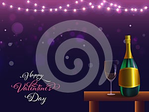 Happy Valentine's Day Celebration Concept with Realistic Champagne Bottle, Flute Glass on Table and Lighting Garland