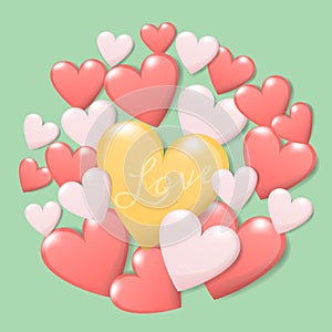 Happy valentine`s day concept. group of colorful heart with text love isolate on green background. creative vector greeting card