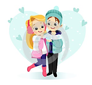 Happy Valentine s Day concept. Loving couple is hugging and the Boy Is Showing Ice Heart To The Girl. Funny cartoon