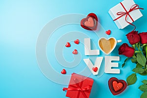 Happy Valentine`s day creative background with love letter, heart shape coffee cup and gift boxes. Top view, flat lay