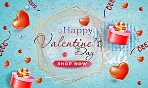 Happy Valentine`s Day discount  banner layout design template graphic abstract black background with hearts and gifts. Vector illu photo