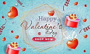 Happy Valentine`s Day discount  banner layout design template graphic abstract black background with hearts and gifts. Vector illu