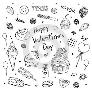 Happy Valentine`s Day doodle set. Desserts sketch for Valentine`s Day. Cupcake, cookie, candy, chocolate, cake, strawberry, treats