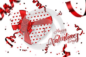 Happy Valentine\'s Day festive web banner. Top view of a romantic composition with gift boxes, confetti in the form of a heart.