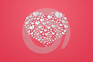 Happy Valentine`s Day festive web banner, Valentine`s Day. Composition with white, paper hearts on a pink background. Flyer