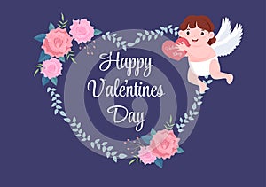 Happy Valentine`s Day Flat Design Illustration Which is Commemorated on February 17 with Cute Cupid, Angels on Clouds for Love