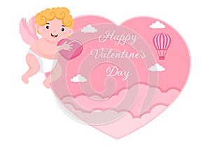 Happy Valentine`s Day Flat Design Illustration Which is Commemorated on February 17 with Cute Cupid, Angels on Clouds for Love