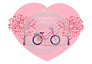 Happy Valentine`s Day Flat Design Illustration Which is Commemorated on February 17 with Teddy Bear, Bicycle and Gift for Love