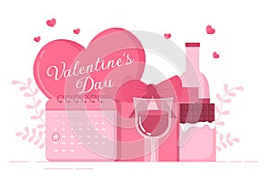 Happy Valentine`s Day Flat Design Illustration Which is Commemorated on February 17 with Teddy Bear, Chocolate and Gift for Love