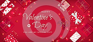 Happy Valentine`s Day Flyer, Horizontal Web Banner Background with lollipops, garlands, serpentine, gift boxes in red and white