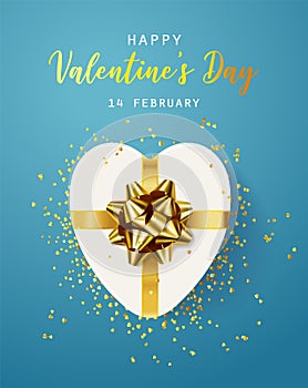 Happy Valentine's Day. flyer, poster, greeting card with realistic gift heart shaped gift box with golden bow