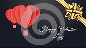 Happy valentine`s day gift certificate. Valentine greeting card on a dark background. Two paper cut red heart shape origami made