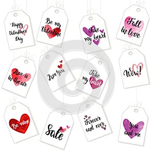 Happy Valentine`s Day gift tags and cards with watercolor hearts