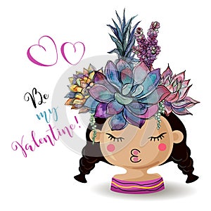 Happy Valentine`s day. Girl with flowers succulents. Watercolor. Vector.