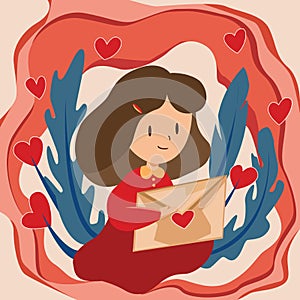 Happy Valentine`s Day with girl reading love letter