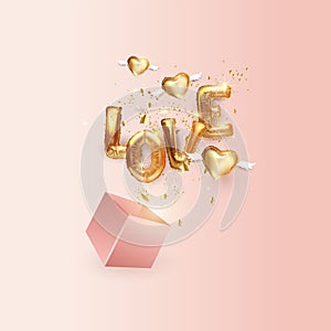 Happy Valentine`s Day. Gold metal love text, realistic gold balloons in the shape of hearts and letters fly out of the box.