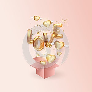 Happy Valentine`s Day. Gold metal love text, realistic gold balloons in the shape of hearts and letters fly out of the box.