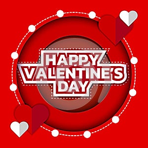 Happy Valentine`s Day greeting card. 3d paper cut with shadow, Valentines Day background paper art