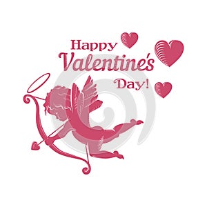 Happy Valentine`s Day. Greeting card. Angel, Cupid and hearts