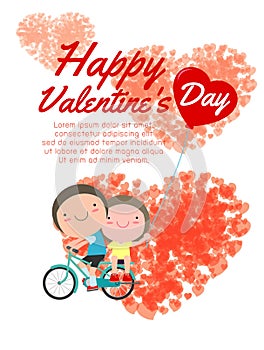 Happy Valentine`s Day greeting card background, Cartoon Couple in love on tandem bicycle, vector illustration.
