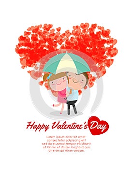 Happy Valentine`s Day greeting card background, Cartoon Couple in love on tandem bicycle, vector illustration.