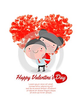Happy Valentine`s Day greeting card background, Cartoon Couple in love on tandem bicycle, vector illustration.