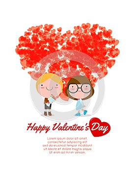 Happy Valentine`s Day greeting card background, Cartoon Couple in love on tandem bicycle, vector illustration.