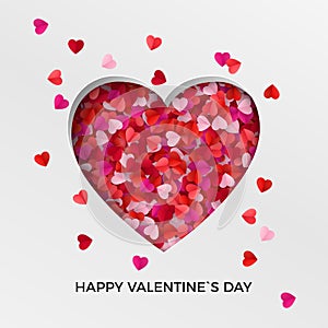 Happy Valentine`s Day greeting card background. Heart shape consist of red paper hearts. Vector illustration